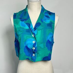 Vintage‎ Y2K Karin Stevens Floral Cropped Vest Blue Green Collar B Size 6